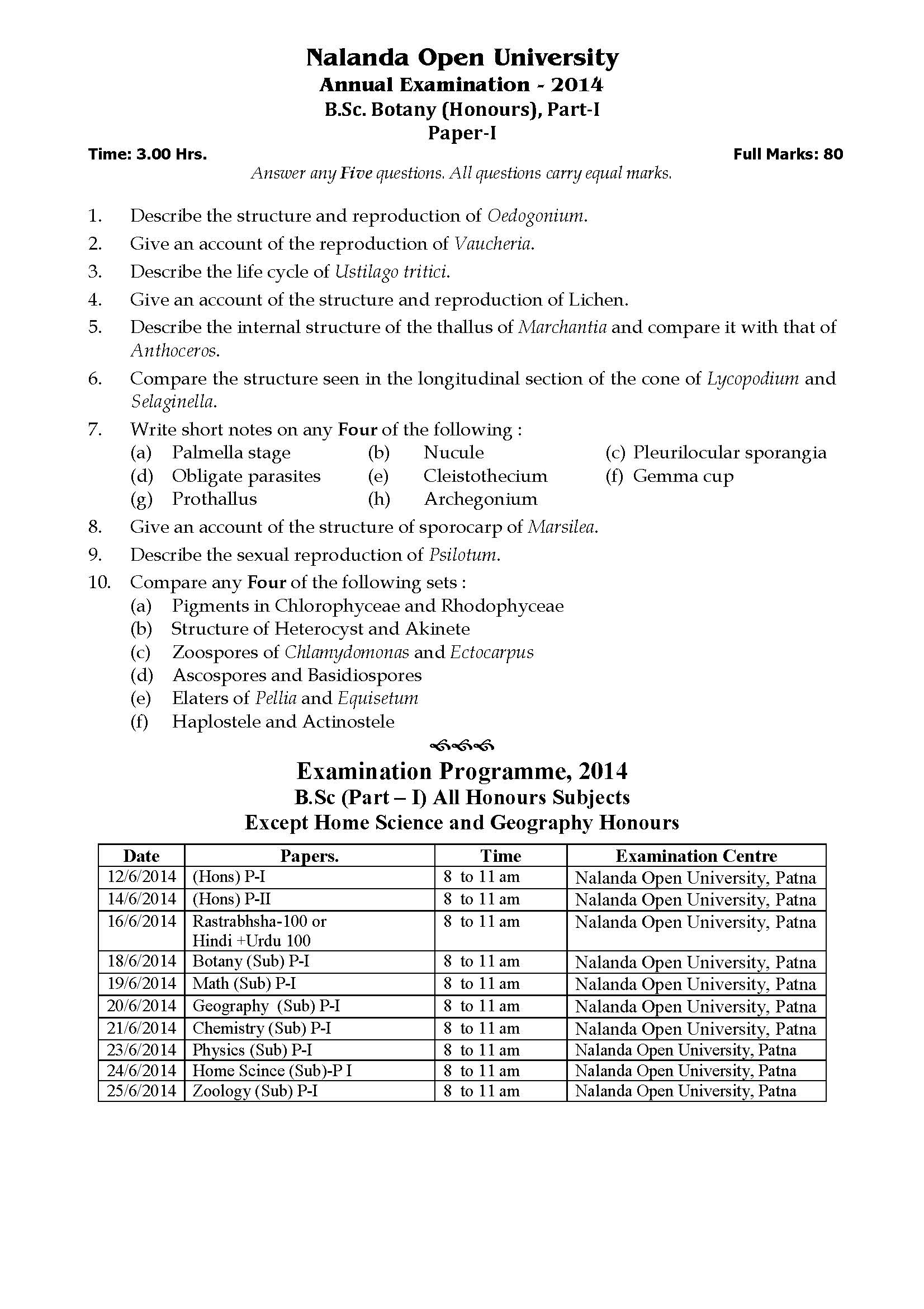 Nalanda Open University B Sc Botany Hons Part I Paper I 2014 Question Paper Pdf Download