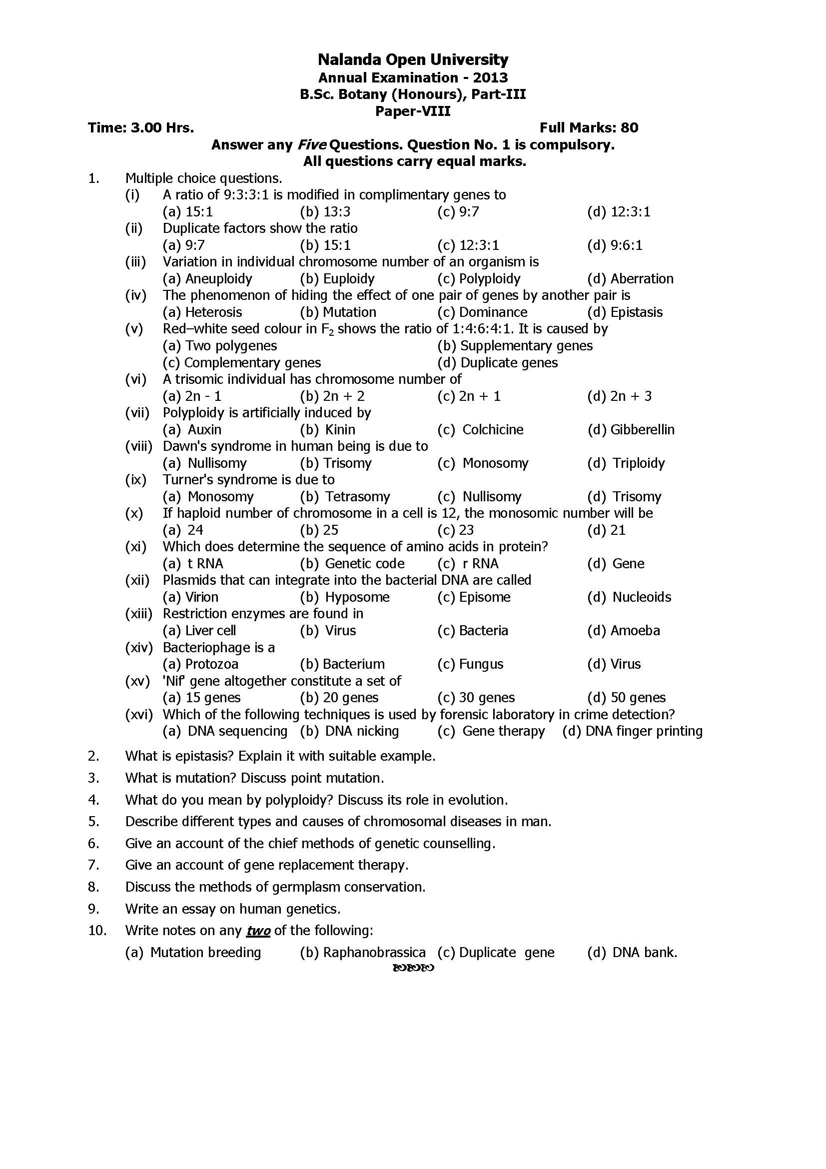 Nalanda Open University B Sc Botany Hons Part Iii Paper Viii 2013 Question Paper Pdf Download