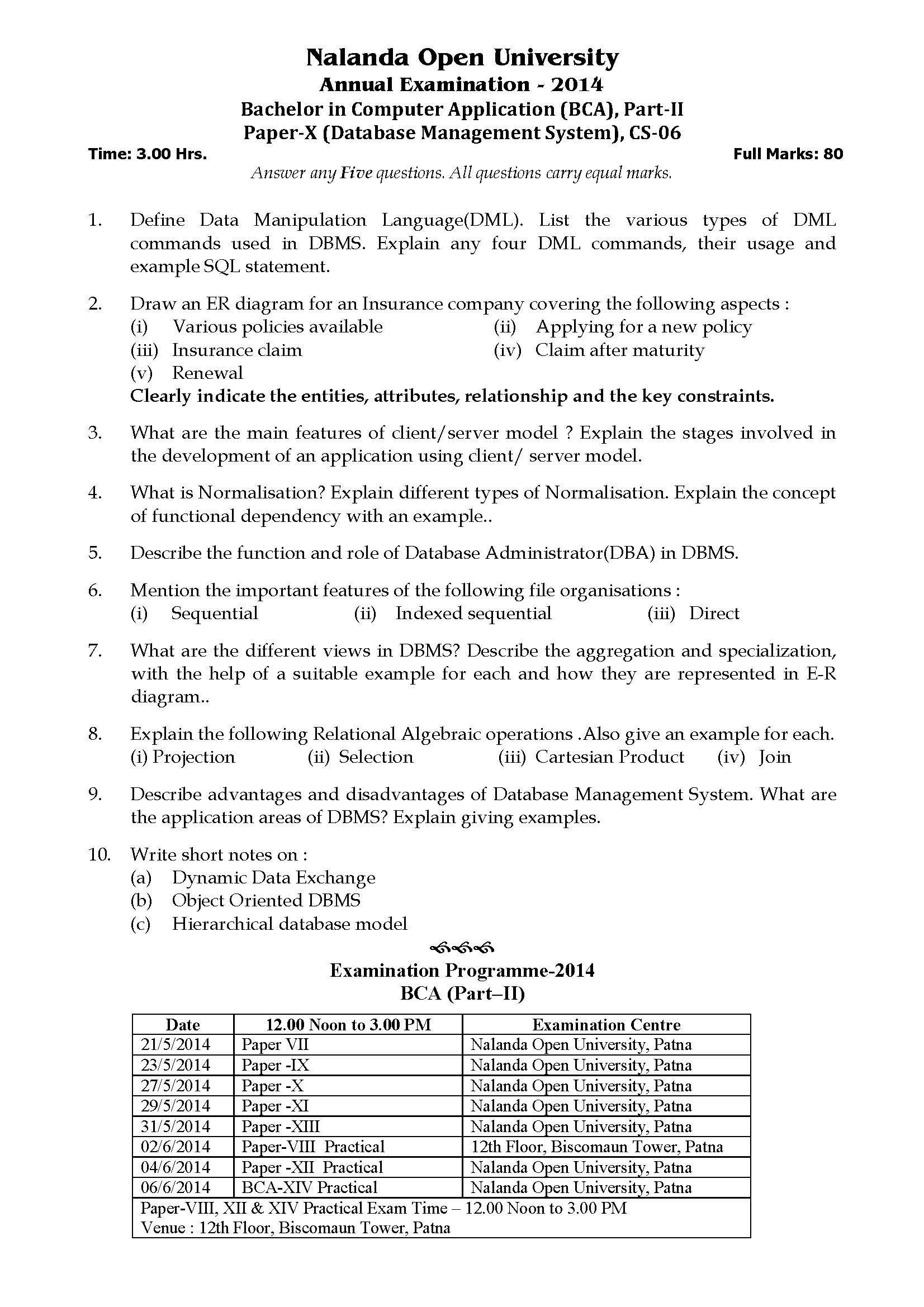 nalanda-open-university-bca-database-management-system-part-ii-paper-x