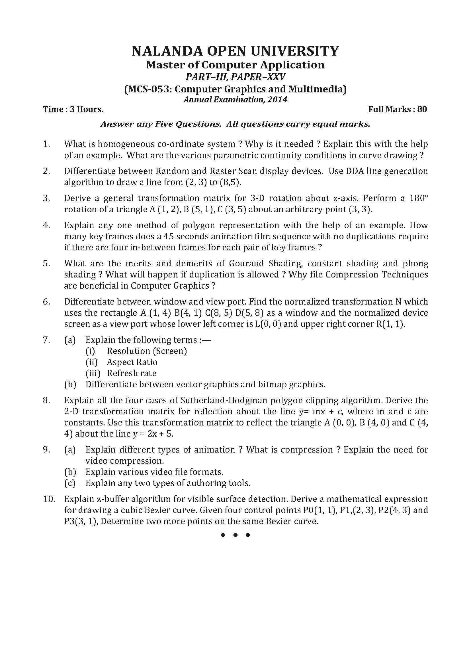 Nalanda Open University MCA Computer Graphics And Multimedia part III Paper  XXV 2014 Question Paper PDF Download | ENTRANCE INDIA