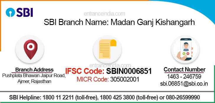 SBI Madan Ganj Kishangarh Branch IFSC Code SBIN0006851